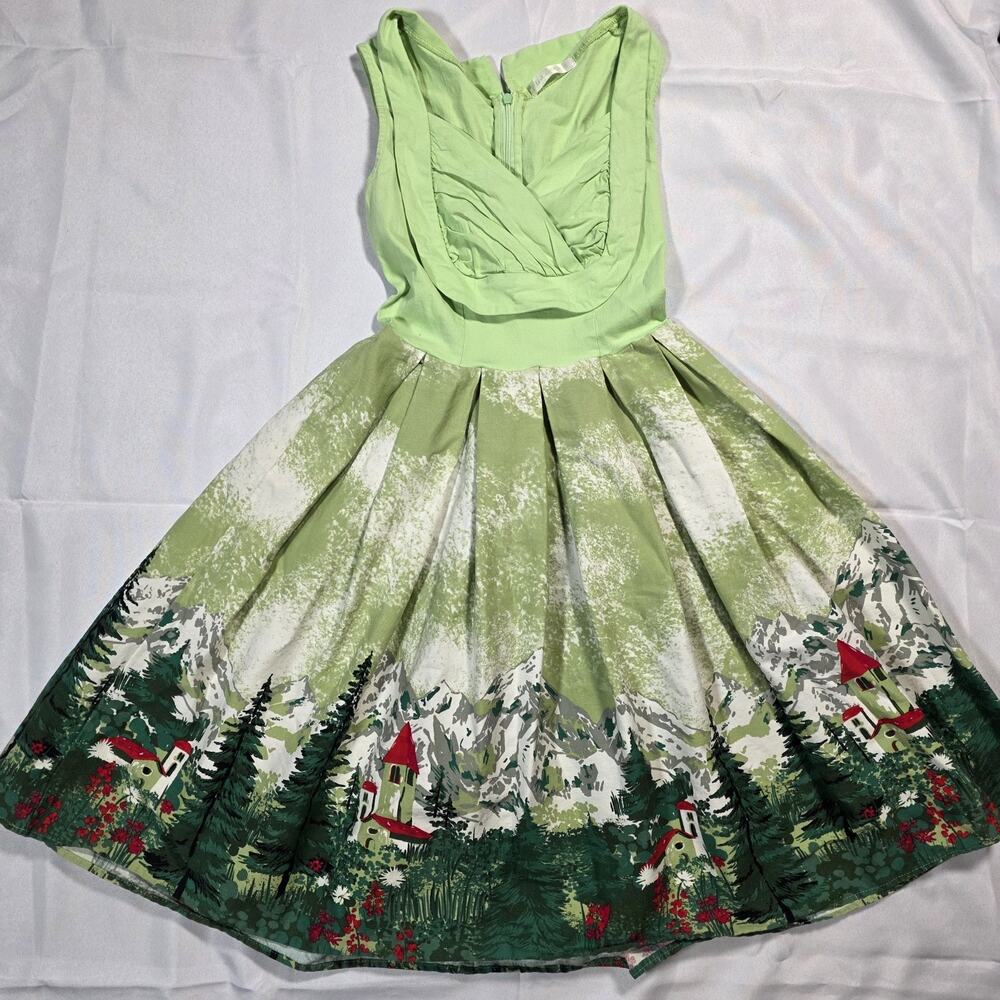 Hua Lan Alpine‎ Village Landscape 50s Swing Dress Green Small Retro Rockabilly